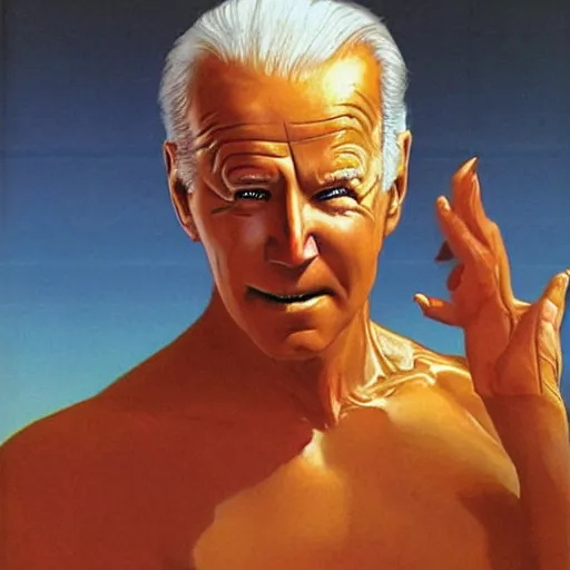 Image similar to science fiction boris vallejo portrait of joe biden wearing monokini in the movie zardoz