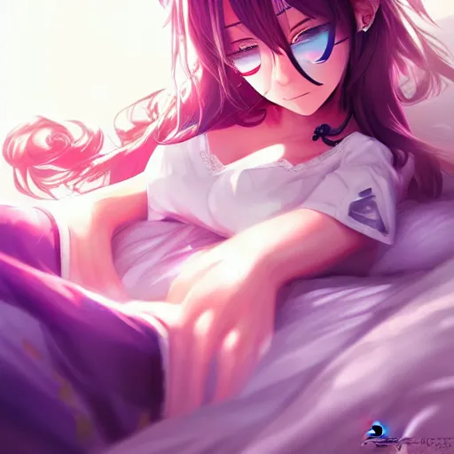 Image similar to digital anime art!!, gamer girl bedroom sleeping desk, wlop, rossdraws, artgerm, ross tran