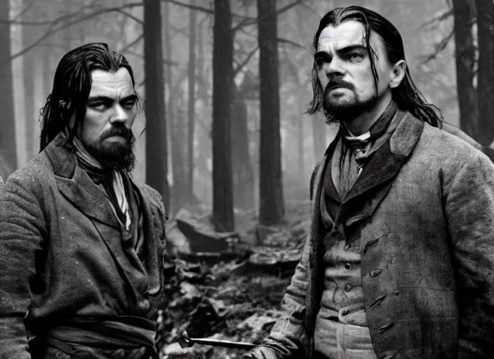 Prompt: an action scene from the movie gangs of new york, filmed in the dark forest, medium long shot, leonardo dicaprio and daniel day - lewis, sharp eyes, serious expressions, detailed and symmetric faces, black and white, cinematic, epic, smoke, guns