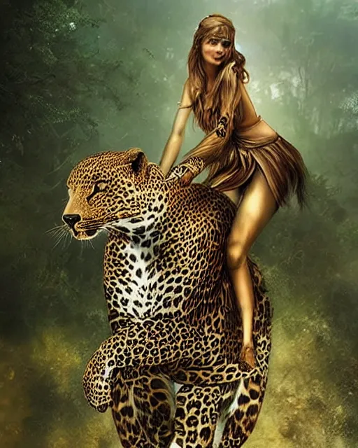 Image similar to beautiful woman riding a leopard thru a crystal forest, hyperreal, Artstation, atmospheric, photorealistic