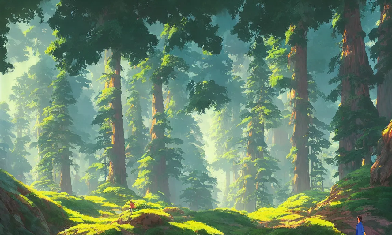 Image similar to Sequoia Park in a colorful moutain with beautiful trees ,morning , by studio ghibli painting, superior quality, masterpiece, traditional Japanese colors, by Grzegorz Rutkowski, concept art