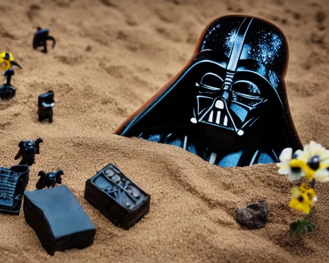 Image similar to 8 5 mm photography of darth vader playing with toys near a garden with sand with dof and bokeh and flowers