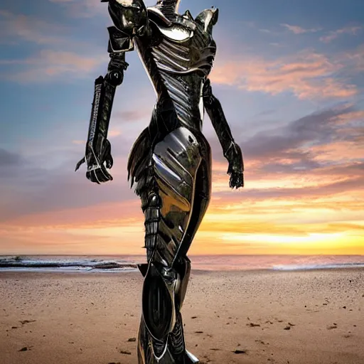 Prompt: chest up bust shot, realistic detailed stunning beautiful armored anthropomorphic humanoid robot female dragon, looking to the side with an elegant pose of hand on hip, smooth and streamlined armor and design made of steel, sharp claws and sharp teeth, high quality head, Slick LEDs, standing on two legs, on the beach during sunset, high quality, cinematic art, sci fi, sunset lighting, 3D render, 8k, artstation, deviantart, furaffinity