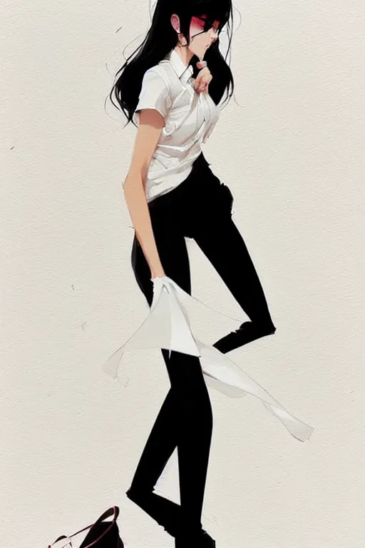 Image similar to a ultradetailed beautiful panting of a stylish woman, she is wearing a white shirt with a tie and black pants, by conrad roset, greg rutkowski and makoto shinkai trending on artstation