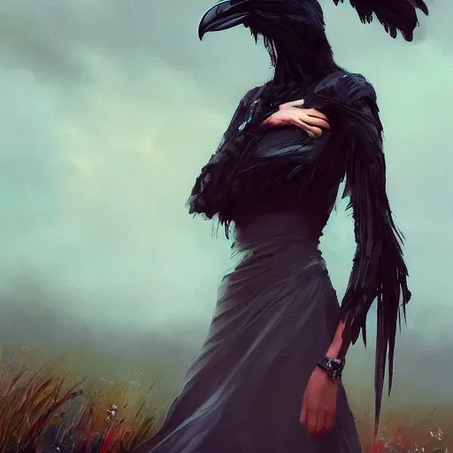 Prompt: morning, a woman in a black dress with a raven head. no face. sun, cinematic, clouds, vogue cover style, contracting colors mood, realistic painting, intricate oil painting, high detail, figurative art, poster art, by simon bisley, ismail inceoglu, wadim kashin, filip hodas. pixar theme.