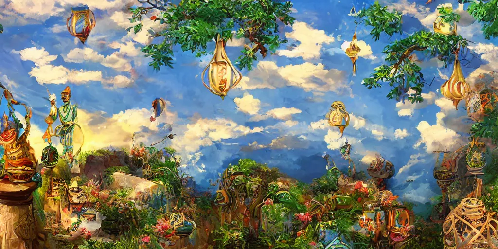 Image similar to painting of wind god enjoying the view from his stone heavenly palace, decorated with windchimes and paper lanterns, nature and clouds in background, digital art