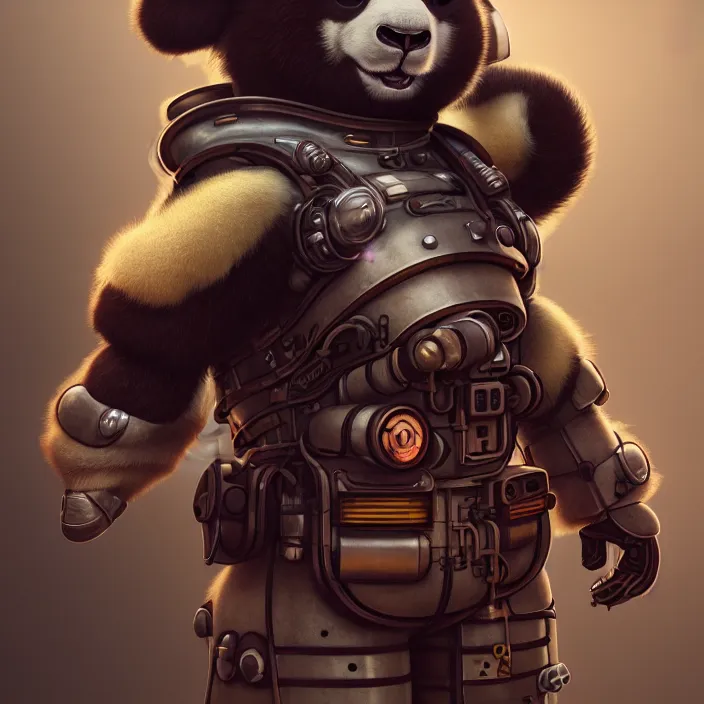 Image similar to dieselpunk android panda, vaporwave, naturel, glossy reflections, hyper detailed, digital art, trending in artstation, cinematic lighting, studio quality, smooth render, unreal engine 5 rendered, octane rendered, art style by klimt and nixeu and ian sprigger and wlop and krenz cushart.