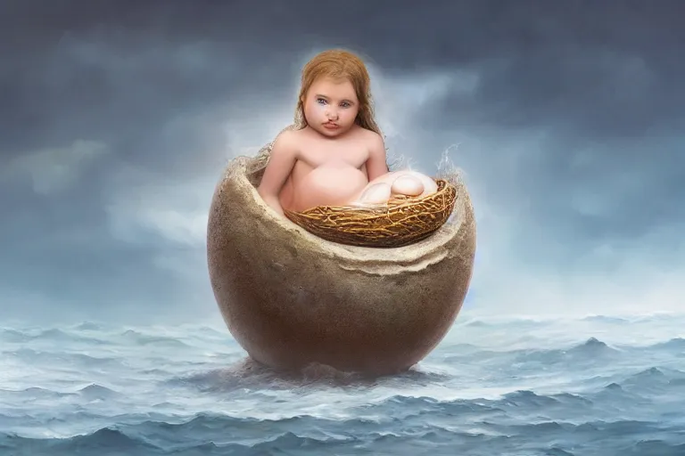 Image similar to a baby mermaid emerging out of an egg, matte painting, concept art, digital art, trending on artstation, 4 k, extremely detailed, realistic, fantasy art, anne geddes
