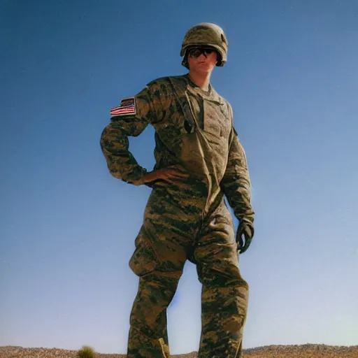 Prompt: us military soldier standing next to crashed ufo wreckage stainless steel metal professional portrait photo new mexico sonora desert in background