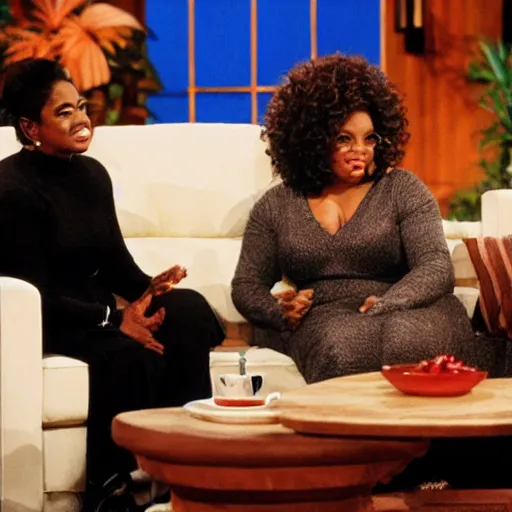 Prompt: an elephant sitting as a guest in the oprah winfrey show