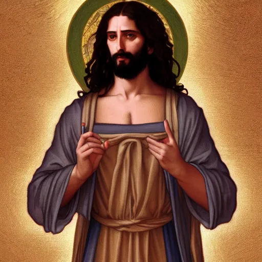 Prompt: an extremely detailed illuminated manuscript of a ridiculously good looking jesus that looks like a jewish gigachad, long curly hair, elegant ancient greek dress, very detailed, windy beach, beautiful, intricate, cinematic, artstation, william bouguereau, alphonse mucha, greg rutkowski, rossdraws, octane render