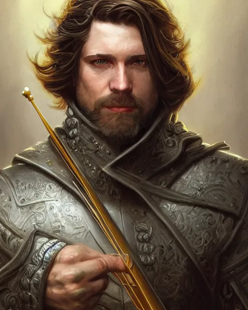 Image similar to white male rogue bard portrait, highly detailed, very intricate, cinematic lighting, closeup painted portrait, by donato giancola and rossdraws and magali villenueve, featured on artstation