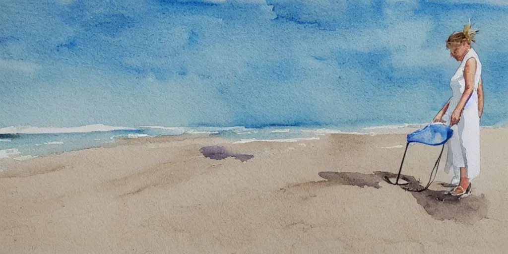 Image similar to a woman wearing a white dress, using a metal detector on a beach, watercolour realistic