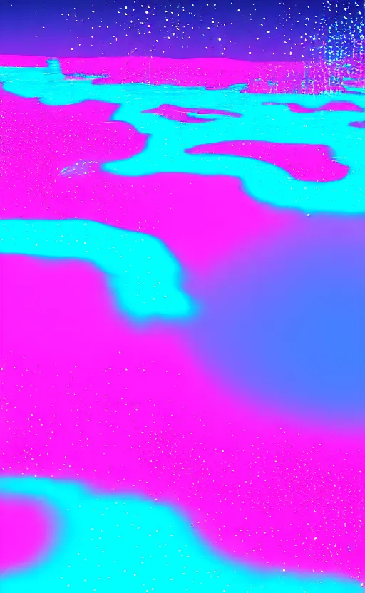 Prompt: neon pink and blue vaporwave world with glittery pools, masterpiece, 4k, digital art