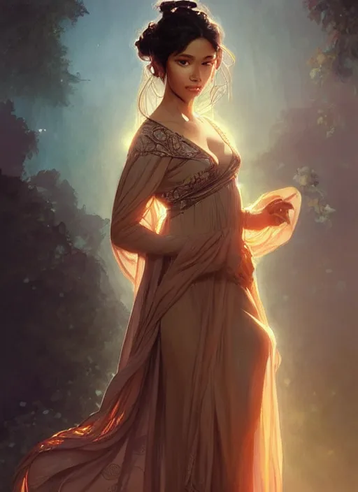 Image similar to cute brown woman wearing a transparent night gown and hanfu face veil, fantasy, intricate, highly detailed, digital painting, artstation, concept art, wallpaper, smooth, sharp focus, illustration, art by artgerm and greg rutkowski and alphonse mucha