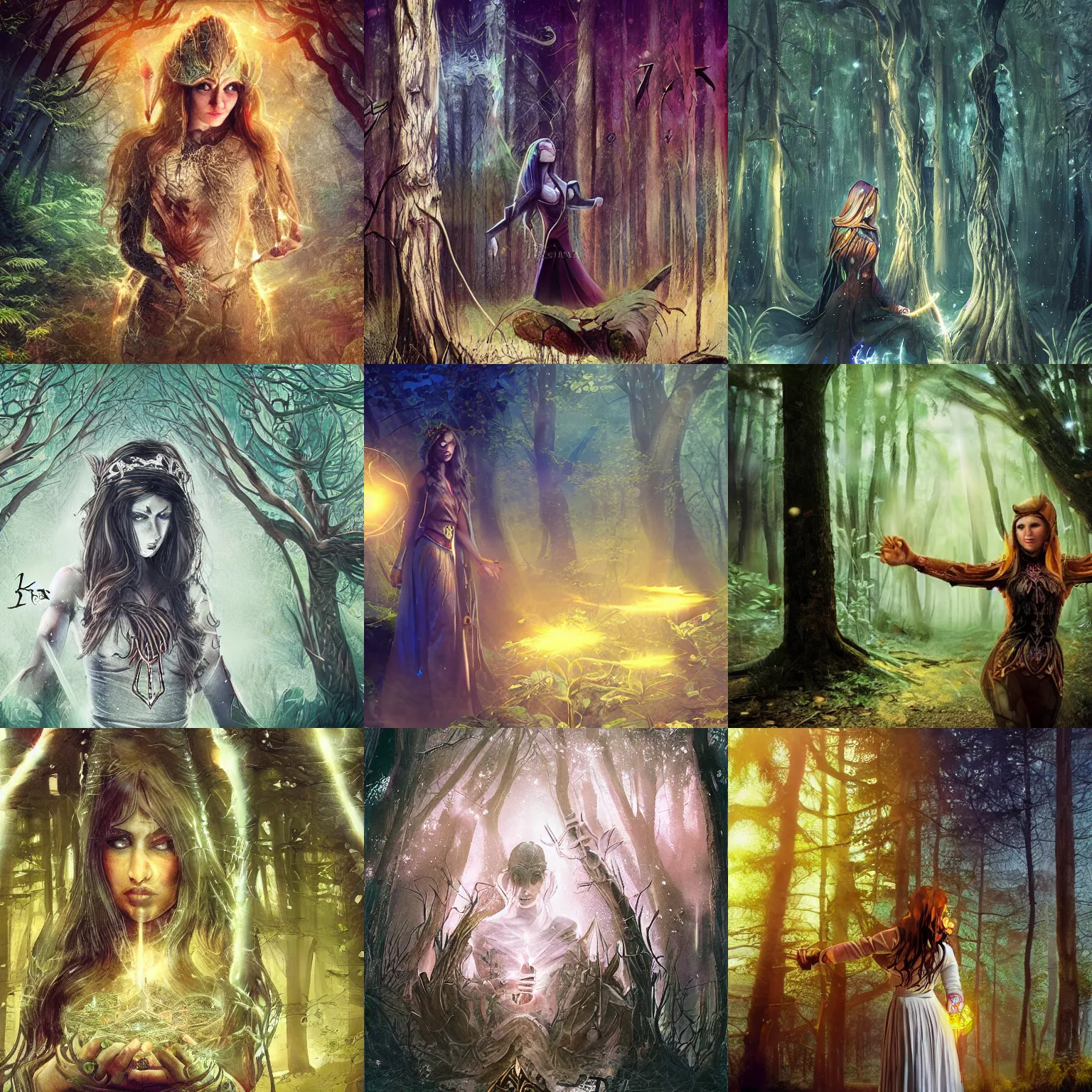 Prompt: elven woman casting a powerful spell, magic runes, forest, night, forest illuminated by magical effects, high quality digital art, gritty