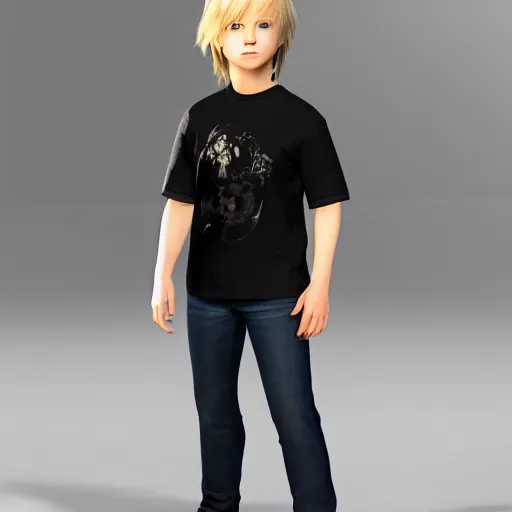 Image similar to a detailed full body image of boy with blonde hair and blue eyes wearing a black tshirt, unreal engine 5 rendered, incredibly highly detailed and realistic, 8 k, sharp focus, studio quality
