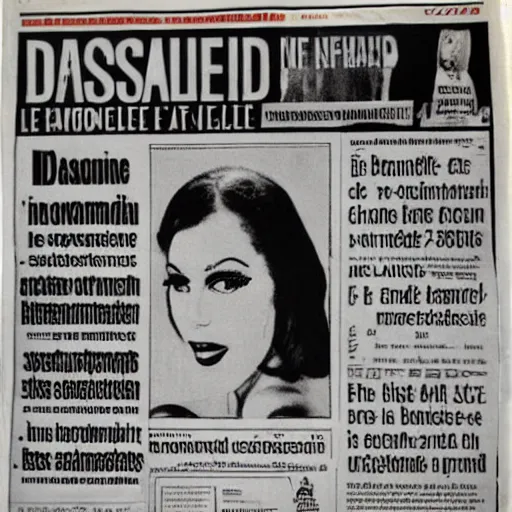 Image similar to front page of a French newspaper from 1977 with large headline declaring: Un scandale ! accompanied by a large photograph of brunette young beautiful fashionable slender pop star Daphne LaCroix covering her face from the flash of paparazzi bulbs