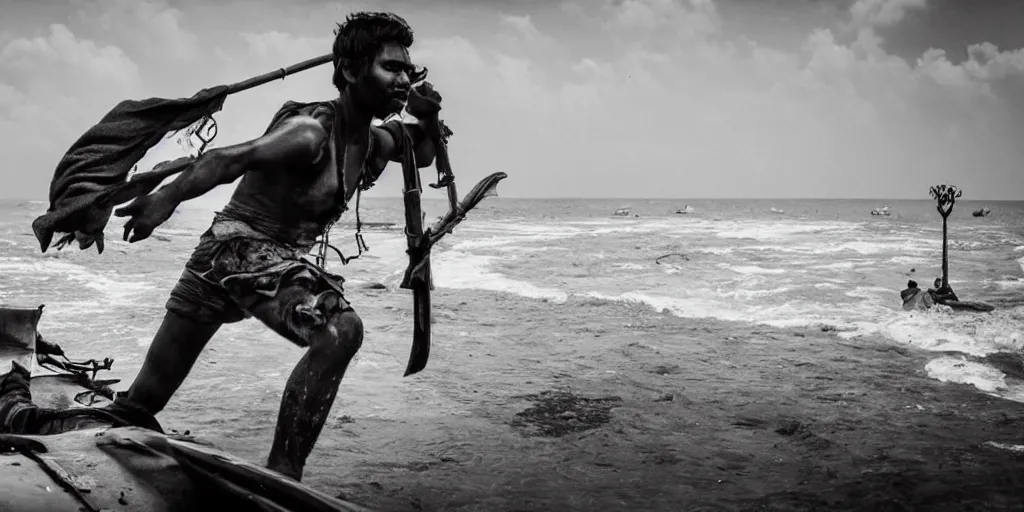 Image similar to sri lankan mad max style on boats, ocean, film still, epic shot cinematography, rule of thirds