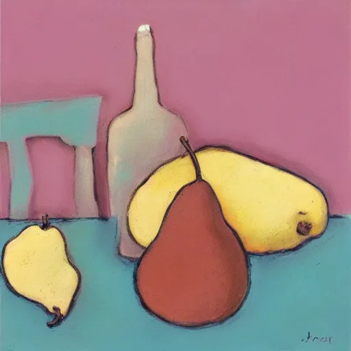 Image similar to abstract figurative art, style, lovers eat, julia pott style, pears, dreamy, muted, pastel colors