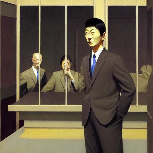 Image similar to Portrait of Japanese wearing a business suit , very coherent, painted by Edward Hopper, Wayne Barlowe, painted by James Gilleard, airbrush, art by JamesJean