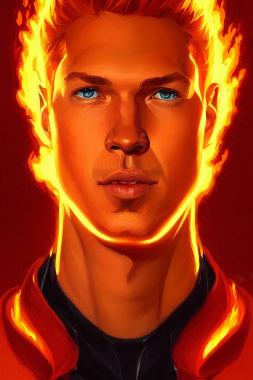 Prompt: a portrait of human torch ( johnny storm ), fantasy, sharp focus, intricate, elegant, digital painting, artstation, matte, highly detailed, concept art, illustration, ambient lighting, art by ilya kuvshinov, artgerm, alphonse mucha, and greg rutkowski