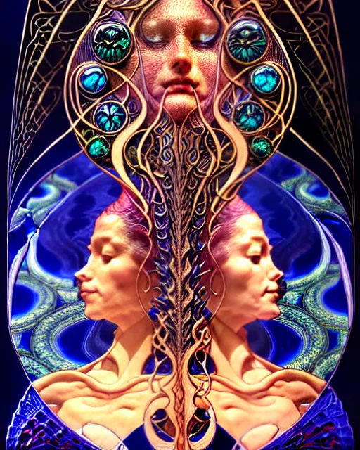 Image similar to a portrait of gemini water and fire fantasy character portrait made of fractals facing each other, art nouveau mandala, ultra realistic, wide angle, intricate details, the fifth element artifacts, highly detailed by peter mohrbacher, hajime sorayama, wayne barlowe, boris vallejo, aaron horkey, gaston bussiere, craig mullins