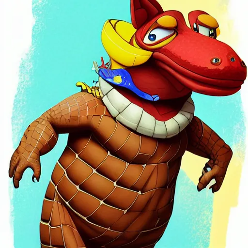 Image similar to in the style of artgerm, loish and ross tran, anthropomorphic alligator, red scales on his back, yellow scale on his belly and chest, male, waring a hawaiian shirt, in the style of zootopia