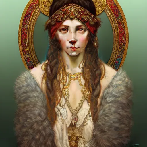 Prompt: a portrait of a female, upper half portrait, decorated with russian motifs, russian shaman, siberia, traditional russia, intricate, elegant, highly detailed, symmetry, headpiece, digital painting, artstation concept art smooth sharp focus, illustration, art by artgerm and greg rutkowski alphonse mucha 8 k