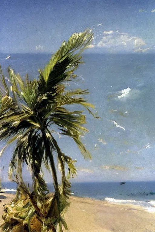 Image similar to the sun shining in the background, beach, spray of roses on the sea surface, a palm, painting by john singer sargent