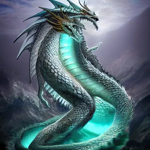 Prompt: Majestic, beautiful dragon made entirely of water, the dragon is composed of clear water, award-winning photography, fantasy concept art, highly detailed