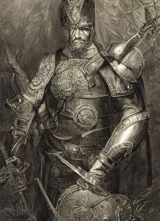 Prompt: highly detailed picture of great greek warrior with a shield, edge of the universe, symmetrical face, cinematic romantic magical, greek myth, masterpiece, from the book by gene wolfe, highly detailed painting by gustave dore