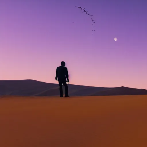 Prompt: a man with a fish head walking in the desert under a purple sky