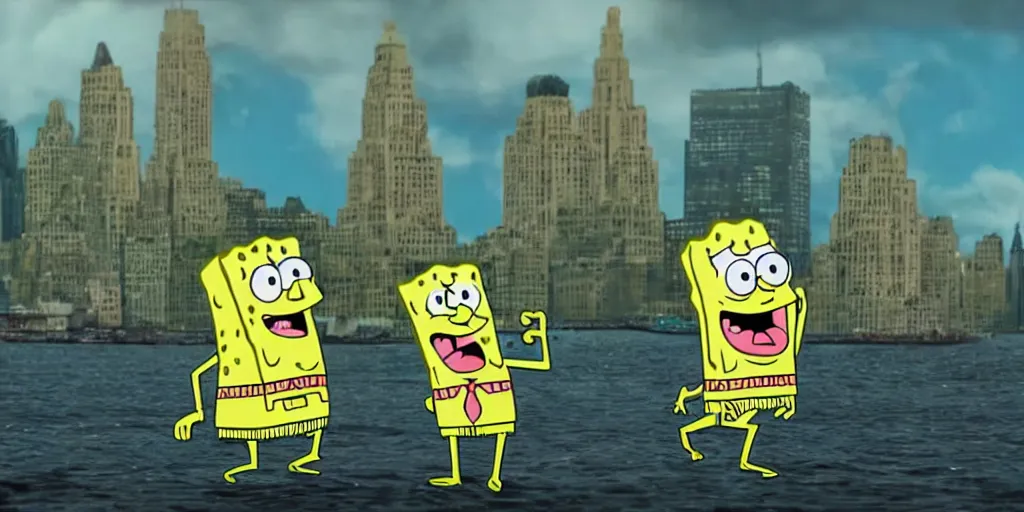 Image similar to film frame of spongebob and scooby - doo watching a destroyed new york in the distance. phatos, sad, dramatic style 4 k quality rule of thirds spongebob and scooby - doo detail cinematic color grading by christopher nolan. portrait photography. close shot