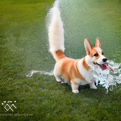 Prompt: Corgi playing with water from a hose, outdoors on grass, photo, promo shoot, studio lighting