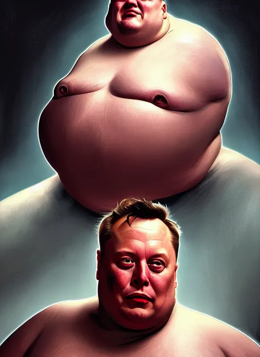 Prompt: elon musk as vladimir harkonnen!!, obese, portrait, intricate, elegant, highly detailed, digital painting, artstation, concept art, wallpaper, smooth, sharp focus, illustration, art by h. r. giger and artgerm and greg rutkowski and alphonse mucha