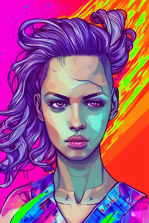 Image similar to a award winning half body portrait of a beautiful woman with stunning eyes in a printed croptop and cargo pants with rainbow colored ombre hairstyle head in motion and hair flying by josan gonzales, outrun, vaporware, shaded flat illustration, digital art, trending on artstation, highly detailed, fine detail, intricate