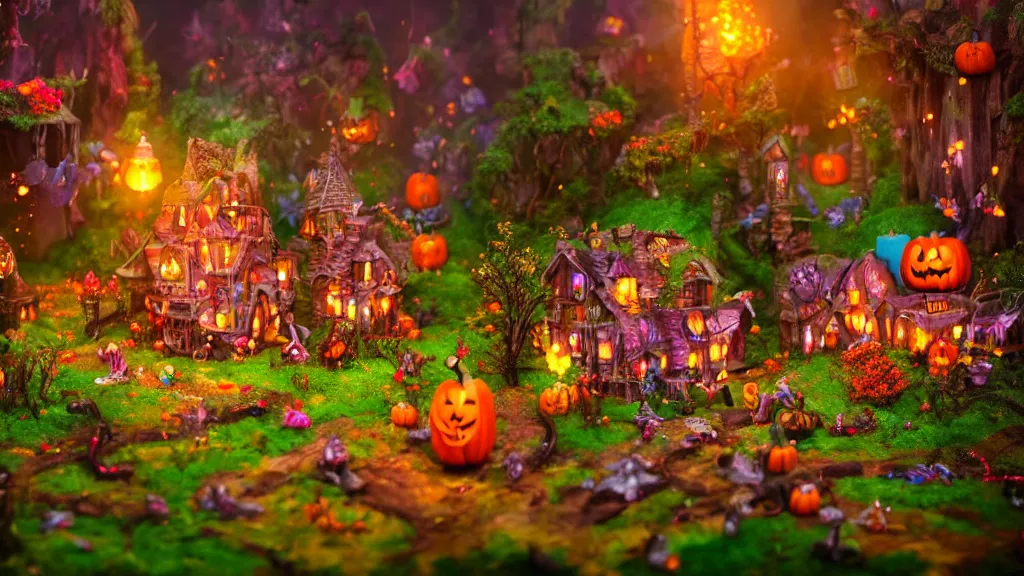 Prompt: village made out of candy, cinematic scene, studio lighting, colorful, fantasy, intricate, forest, fireflies, flowers, halloween, fairytale, ( visually stunning, matte painting, concept art, medium shot, trending on artstation )