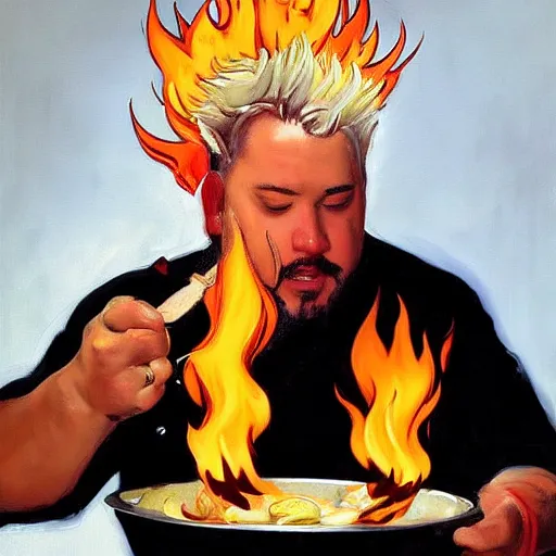 Prompt: painting of guy fieri cooking over hot flames by sargent and leyendecker