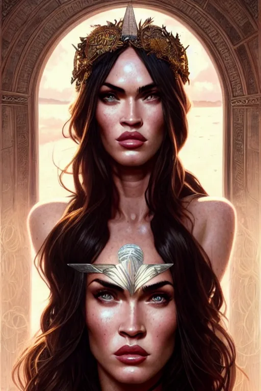 Image similar to portrait of megan fox as the goddess circe, greek mythology, intricate, headshot, highly detailed, digital painting, artstation, concept art, sharp focus, cinematic lighting, illustration, art by artgerm and greg rutkowski, alphonse mucha, cgsociety