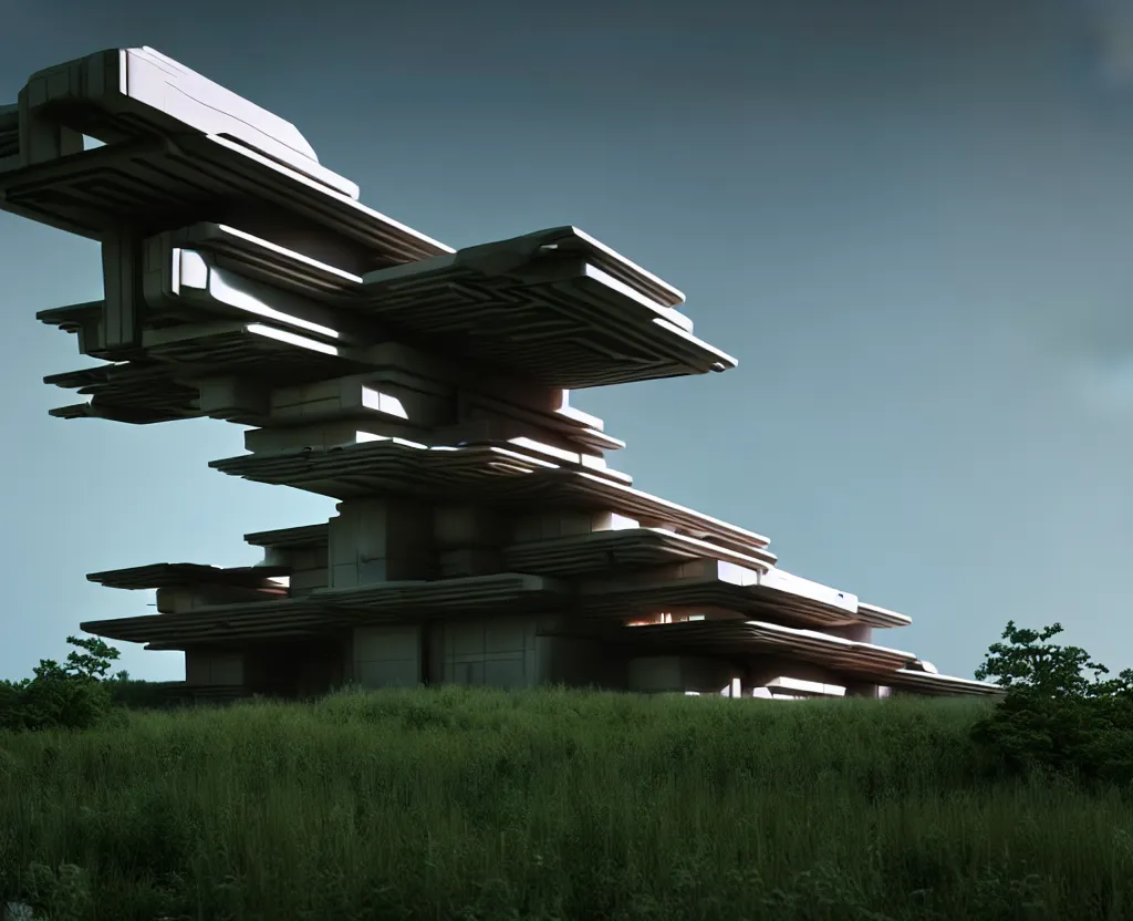 Image similar to futuristic sci-fi intricate rural architectural masterpiece by frank Lloyd wright and Zaha hadid, detailed, octane render, photo realism, 3D, ray tracing, photo realism