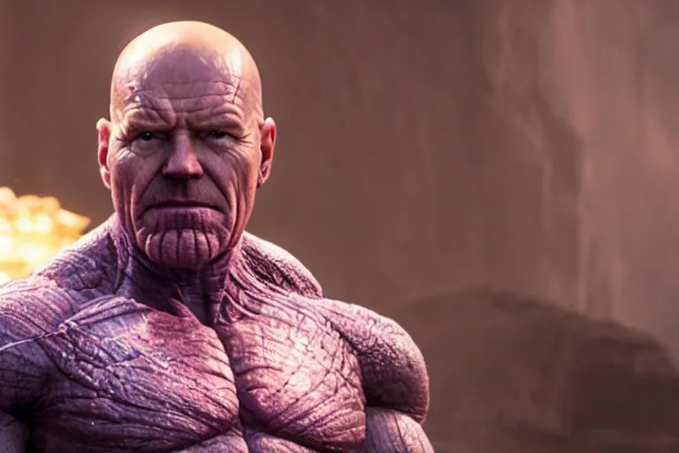 Prompt: promotional image of bald Bryan Cranston as Thanos in Avengers: Endgame (2019), purple skin color, movie still frame, promotional image, imax 70 mm footage