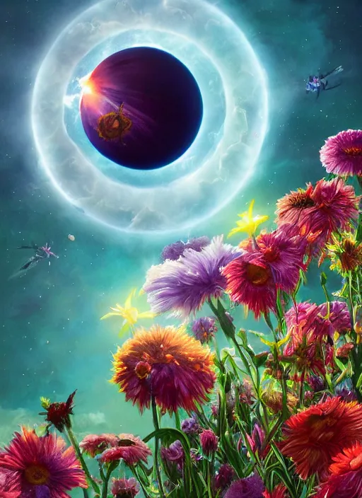 Image similar to An epic fantastic realism comic book style painting of the most beautiful flowers launched into space, bouquets, solar eclipse, fisheye, unreal 5, DAZ, hyperrealistic, octane render, dynamic lighting