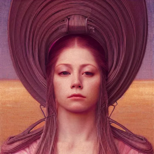 Prompt: Woman masterpiece, portrait, Avril Lavigne, pink, golden halo behind her head, wires, lines, by Edgar Maxence and Ross Tran, Zdzisław Beksiński, and Michael Whelan, distant, gustav dore, H.R. Giger, 8k, octane render