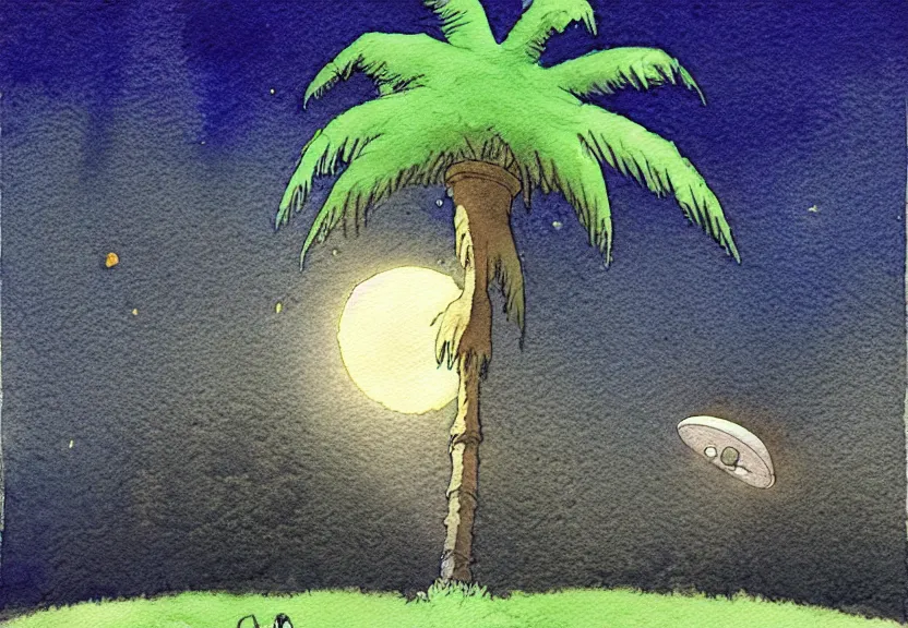 Prompt: a simple watercolor fantasy concept art of a dark grey boxy ufo from independence day ( 1 9 9 6 ) next to a palm tree at night. by studio ghibli, rebecca guay, michael kaluta, charles vess