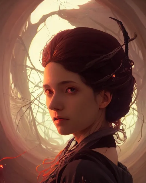 Prompt: highly detailed vfx - portrait of a witch, beautiful eyes, complex epic composition, unreal engine, greg rutkowski, only, once, people, makoto shinkai and louis van baerle, ilya kuvshinov, rossdraws, tom bagshaw, alphonse mucha, global lighting, detailed and complex environment, masterpiece