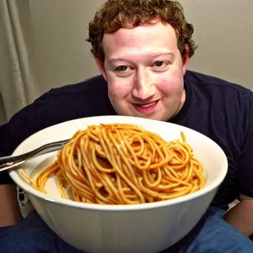 Prompt: fat mark zuckerberg sitting in bed eating spaghetti