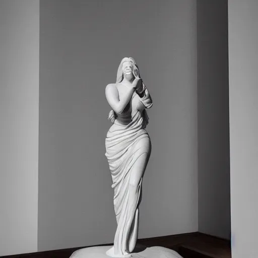 Image similar to a realistic modern white marble statue of kim kardashian wearing a ghostly dress, displayed in a museum art gallery, moody, dramatic lighting, dark, photorealistic, cinematic scene, super detailed, hyper realistic, 8 k