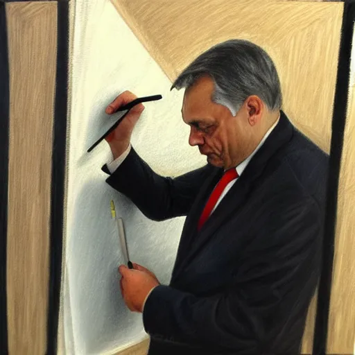 Image similar to viktor orban drawing a map in a cubicle, oil painting