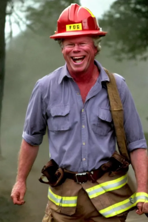 Image similar to kevin tighe wearing a fireman helmet, in a fire laughing